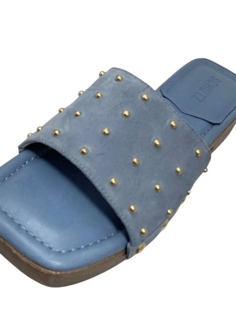 SCHUTZ Summer Jean Blue Suede Studded Wooden‎ Clog Slides